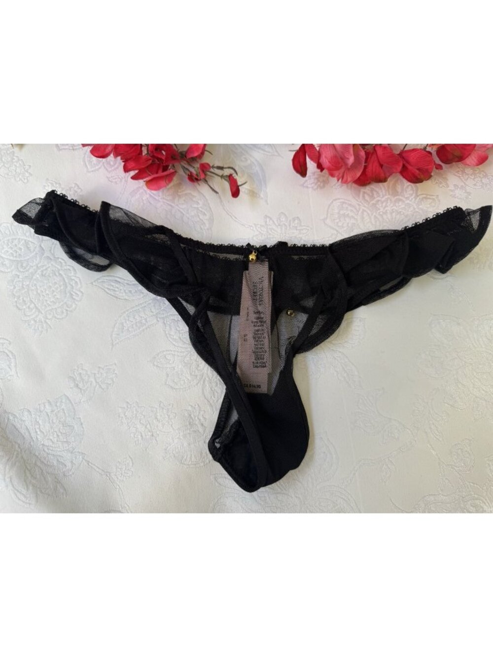 VICTORIA'S SECRET S VERY SEXY BLACK MESH JINGLE BELL RUFFLE THONG PANTIES NWT